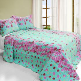 [Flora River] 3PC Cotton Vermicelli-Quilted Printed Quilt Set (Full/Queen Size)